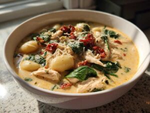 A close-up of a bowl of creamy Marry Me Chicken Gnocchi Soup with shredded chicken, gnocchi, spinach, and sun-dried tomatoes.