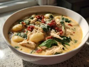 A close-up of a bowl of creamy Marry Me Chicken Gnocchi Soup with shredded chicken, gnocchi, spinach, and sun-dried tomatoes.