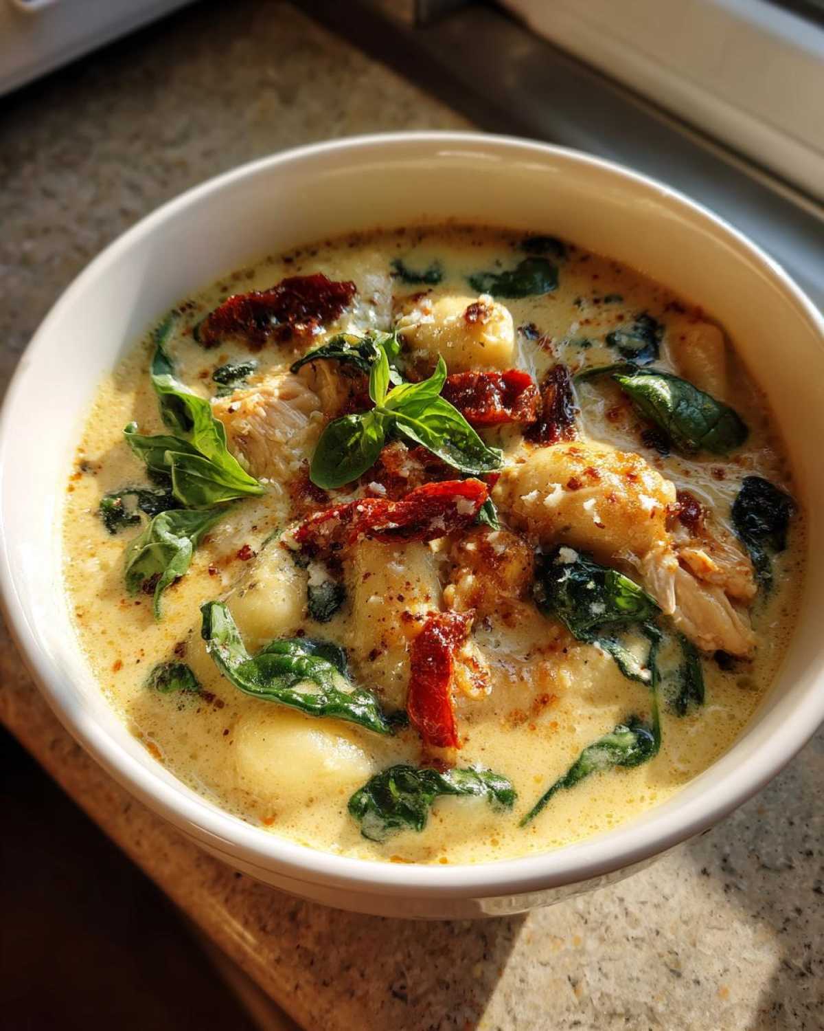 A close-up of a bowl of Marry Me Chicken Gnocchi Soup, featuring tender chicken, soft gnocchi, spinach, and sun-dried tomatoes in a rich, creamy broth.
