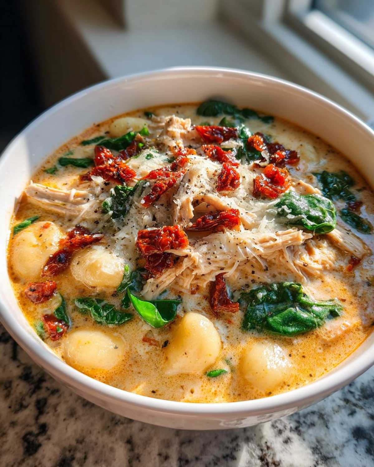 A close-up of a bowl of Marry Me Chicken Gnocchi Soup, featuring tender chicken, soft gnocchi, spinach, and sun-dried tomatoes in a rich, creamy broth.