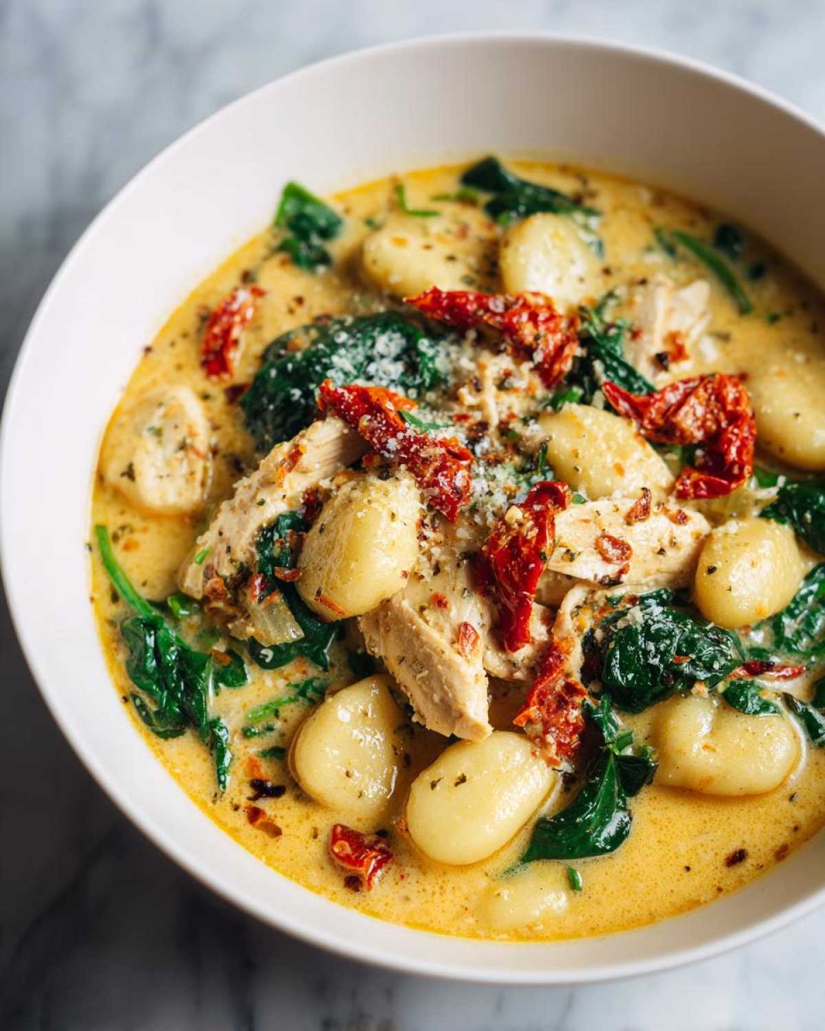 A close-up of creamy Marry Me Tuscan Chicken Gnocchi Soup with tender chicken, soft gnocchi, spinach, and sun-dried tomatoes.