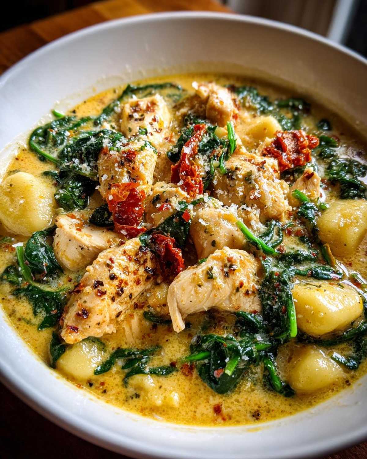 A close-up of a bowl of creamy Marry Me Tuscan Chicken Gnocchi Soup, featuring tender chicken, gnocchi, spinach, and sun-dried tomatoes.