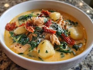 A close-up of a bowl of Marry Me Tuscan Chicken Gnocchi Soup, featuring shredded chicken, gnocchi, spinach, and sun-dried tomatoes.