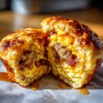 A close-up of a McGriddle muffin split in half, revealing scrambled eggs, sausage, and bacon, drizzled with syrup.