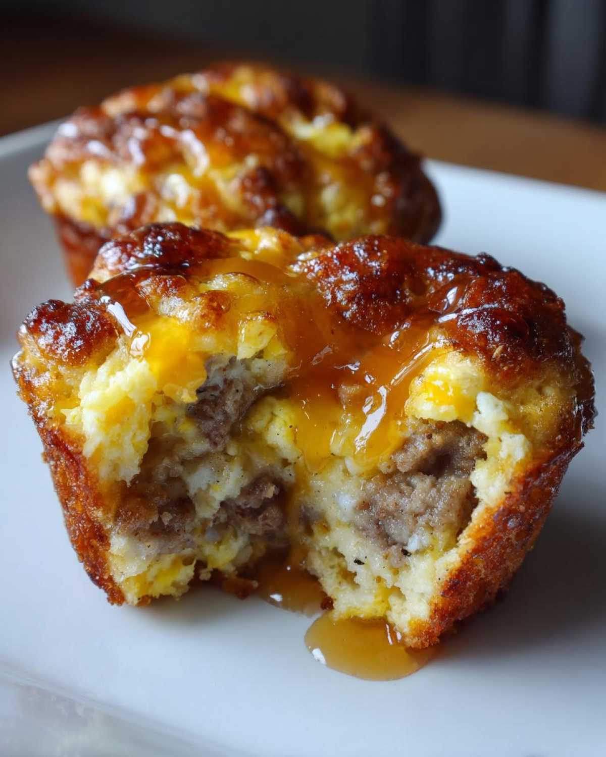 Close-up of a McGriddle muffin with sausage, egg, and syrup, showing a bite taken out.
