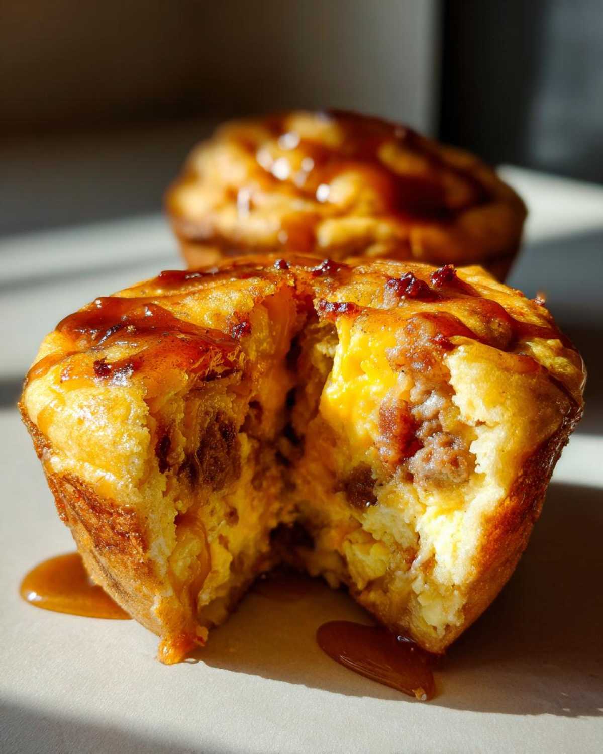 A close-up of a McGriddle muffin cut in half, revealing scrambled eggs, sausage crumbles, and drizzled syrup.