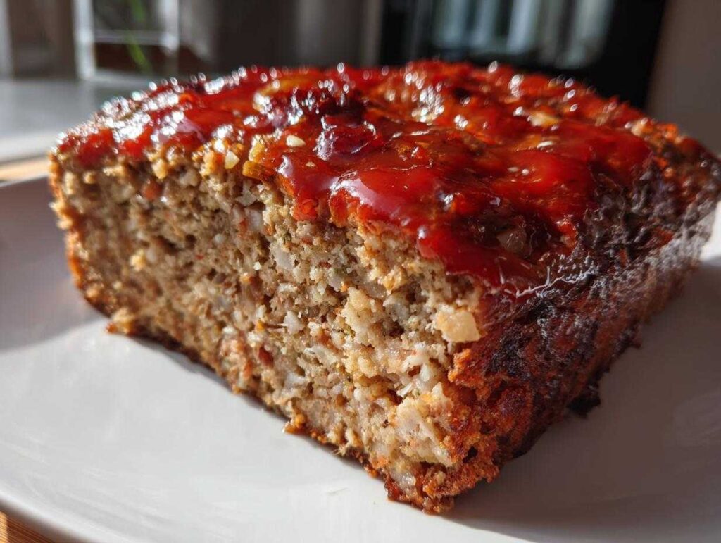 A close-up of a slice of juicy meatloaf with a glistening tomato glaze on top.