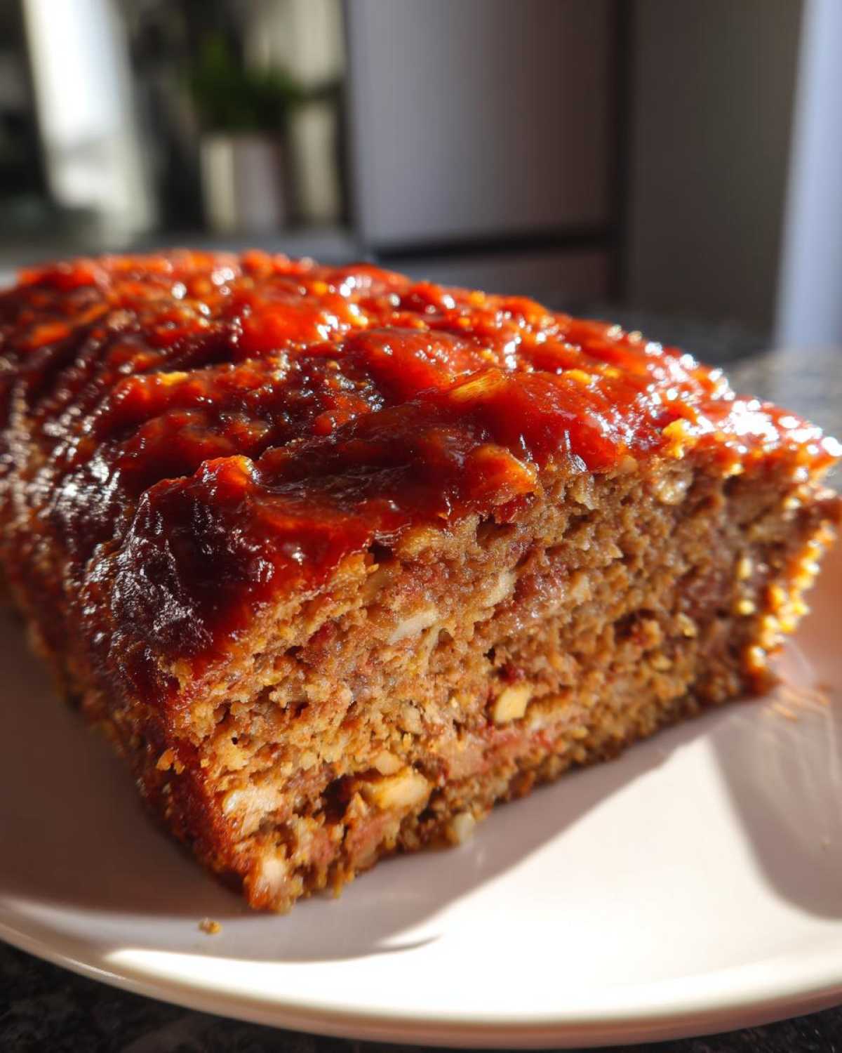 A close-up of a slice of juicy meatloaf with a glistening tomato glaze on top.