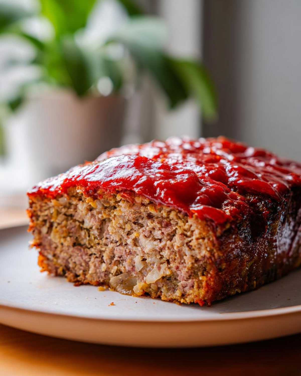 A slice of juicy meatloaf with a rich tomato glaze on a white plate.