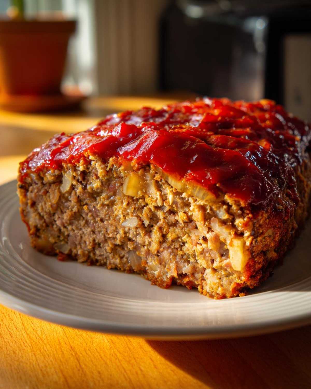A slice of juicy meatloaf with tomato glaze on a white plate, showing a close-up of the texture and ingredients.