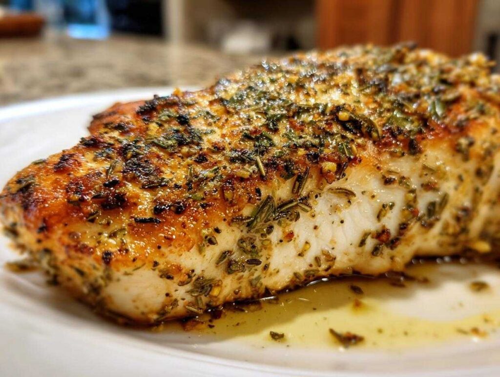 Close-up of a juicy Mediterranean herb crusted grilled chicken breast on a white plate.