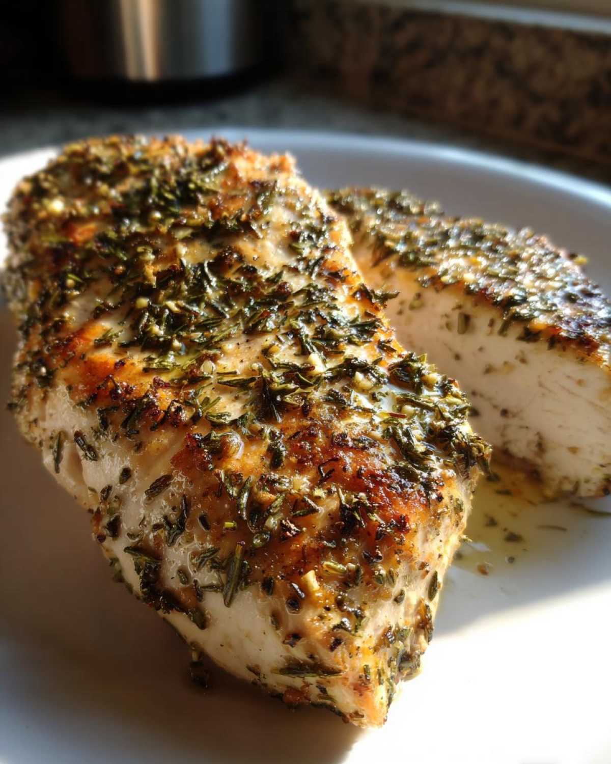 Close-up of a juicy Mediterranean herb crusted grilled chicken breast on a white plate.