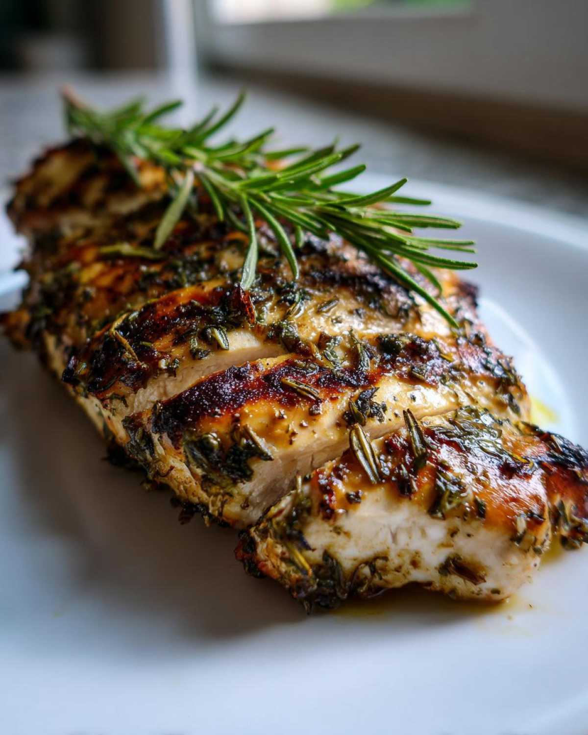 Close-up of a juicy Mediterranean herb crusted grilled chicken breast, garnished with fresh rosemary sprigs.