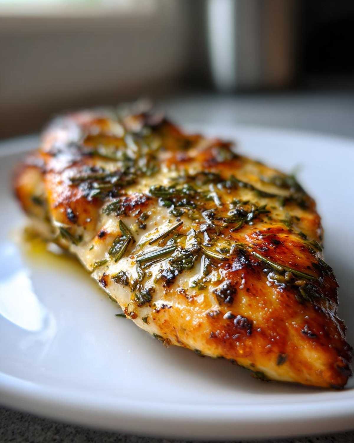 Close-up of a juicy Mediterranean herb crusted grilled chicken breast on a white plate.