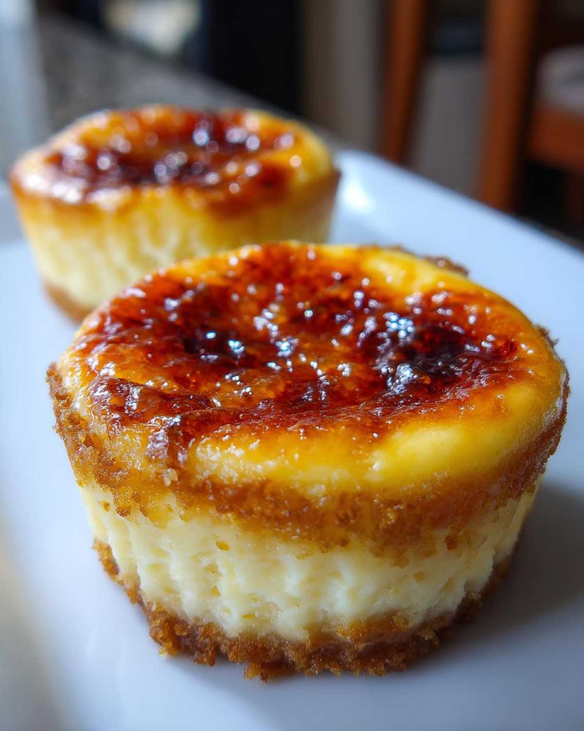 Two mini creme brulee cheesecakes with a caramelized sugar topping on a white plate.