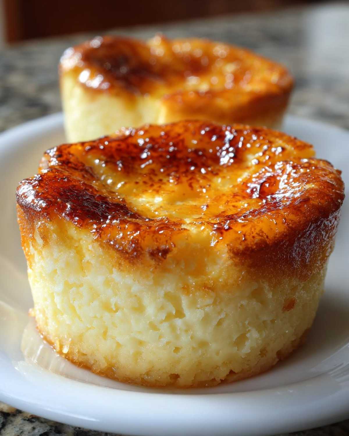 Close-up of two mini creme brulee cheesecakes with a caramelized sugar topping.