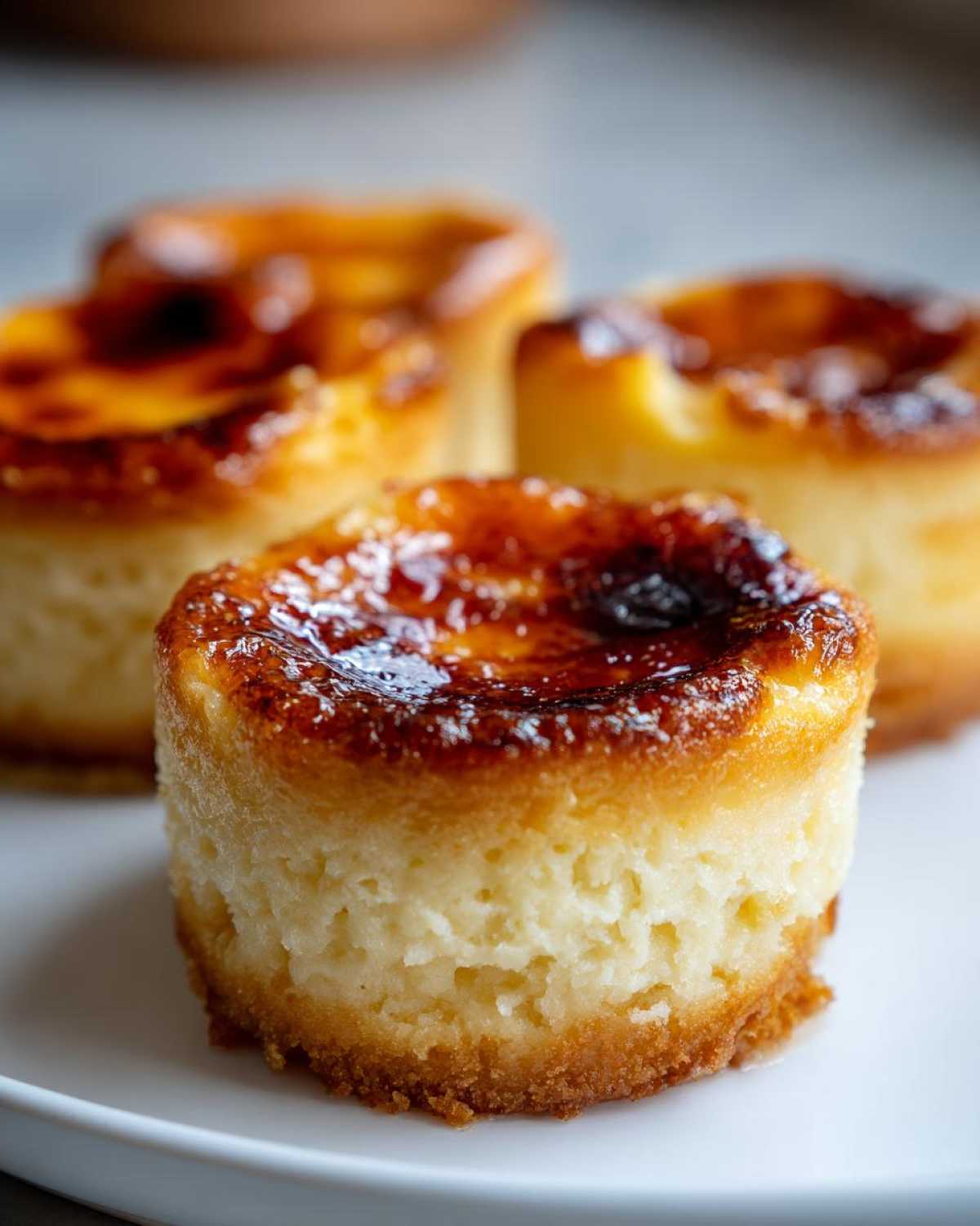 Close-up of three mini creme brulee cheesecakes with golden caramelized tops on a white plate.