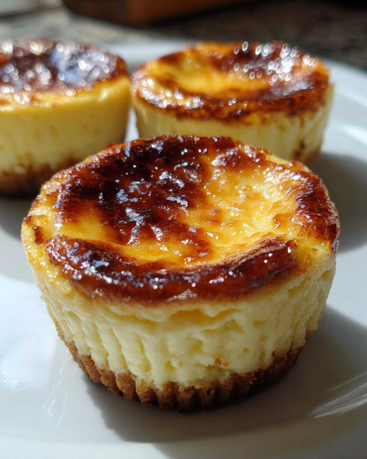 Close-up of three mini creme brulee cheesecakes with a caramelized sugar topping.