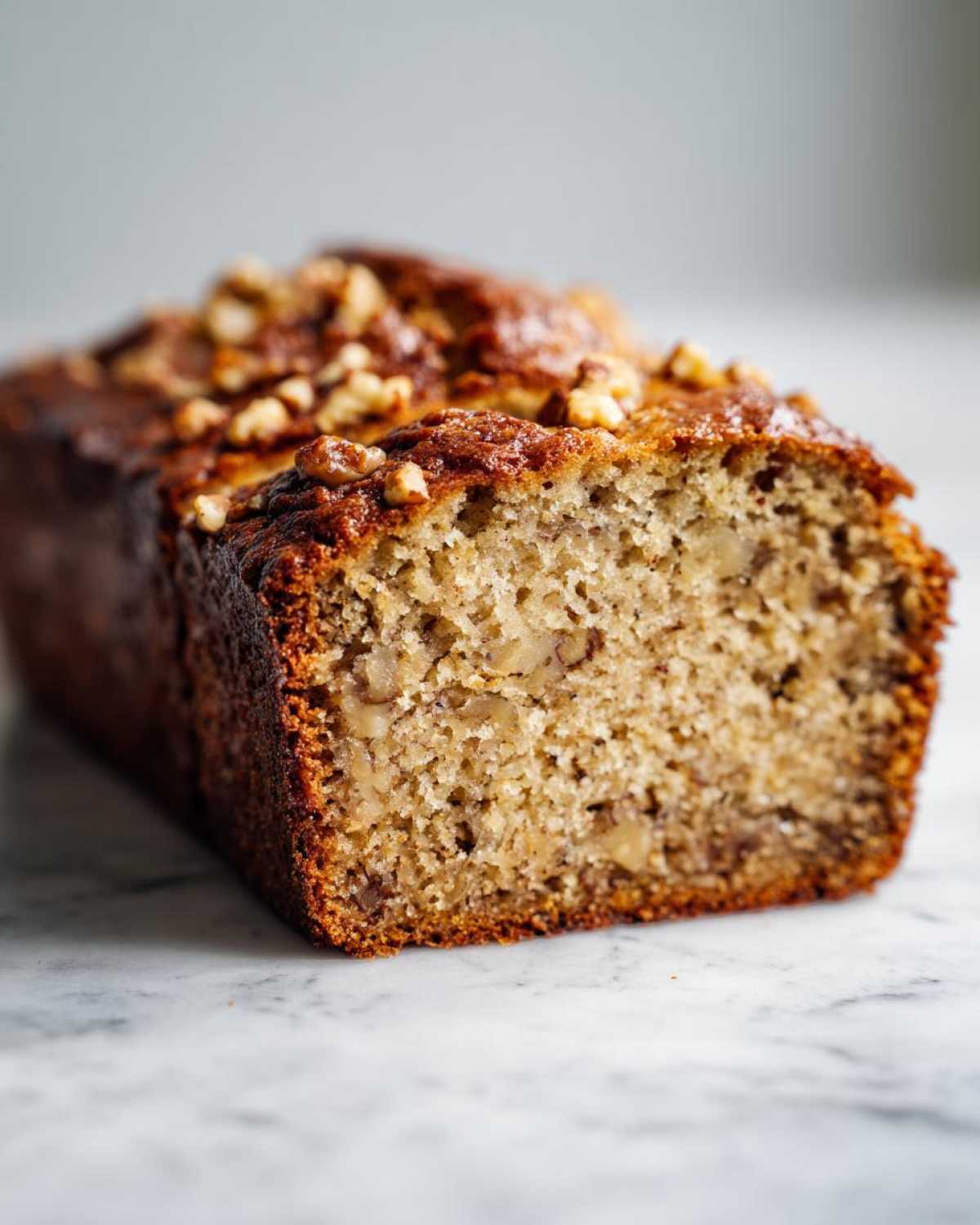A close-up of a moist banana nut bread loaf, topped with chopped walnuts, showing a slice with visible nuts.