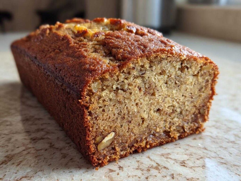 A close-up view of a slice of moist banana nut bread, revealing its tender crumb and visible walnut pieces.