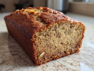 A close-up view of a slice of moist banana nut bread, revealing its tender crumb and visible walnut pieces.