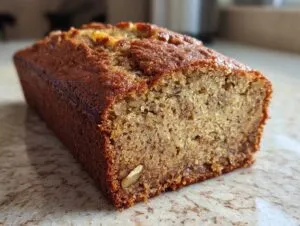 A close-up view of a slice of moist banana nut bread, revealing its tender crumb and visible walnut pieces.