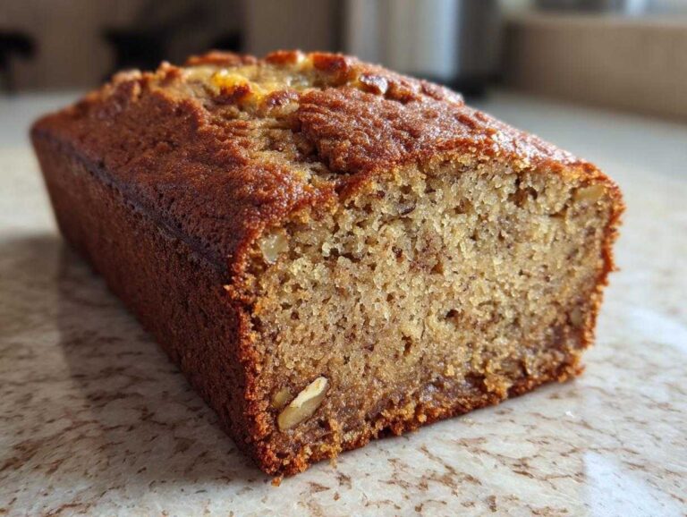 A close-up view of a slice of moist banana nut bread, revealing its tender crumb and visible walnut pieces.
