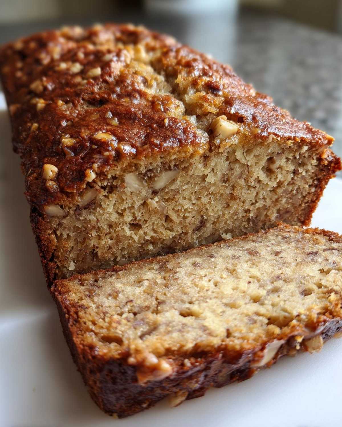 Close-up of a moist banana nut bread loaf, sliced to reveal chunks of walnuts and a golden-brown crust.