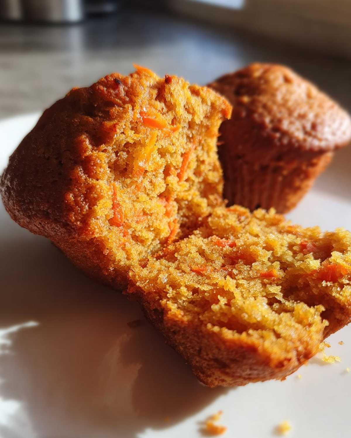 Close-up of a broken carrot muffin revealing a moist interior with visible grated carrots.