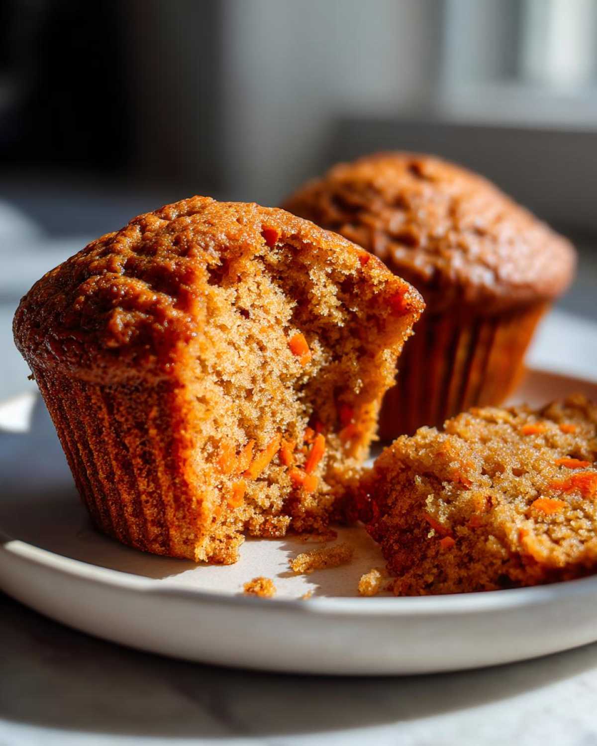 Close-up of two moist carrot muffins on a plate, one is broken open revealing shredded carrots inside.