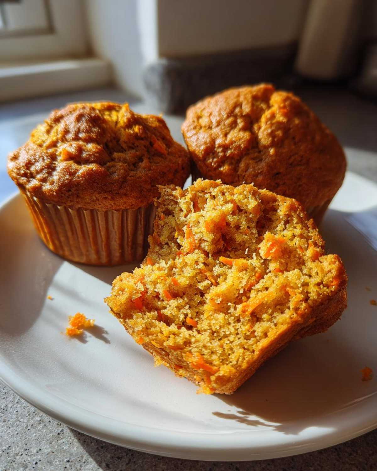 Close-up of three moist carrot muffins on a white plate, one muffin is broken in half revealing grated carrots inside.