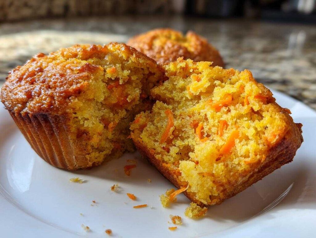 Close up of a split carrot muffin showing its moist texture and shredded carrots.