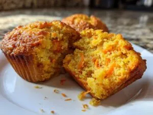 Close up of a split carrot muffin showing its moist texture and shredded carrots.