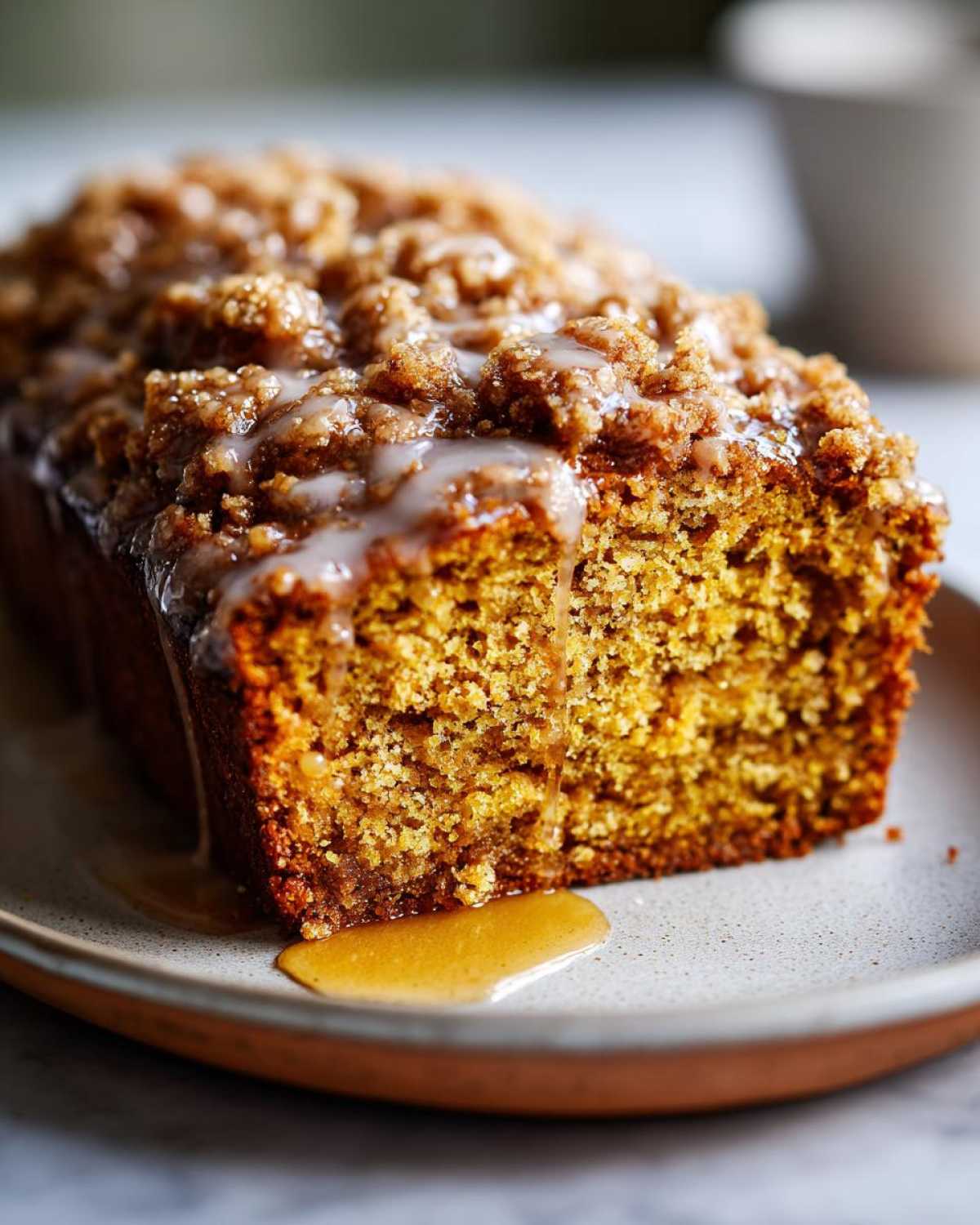 A slice of moist pumpkin streusel bread topped with a sweet glaze, with extra glaze dripping onto the plate.