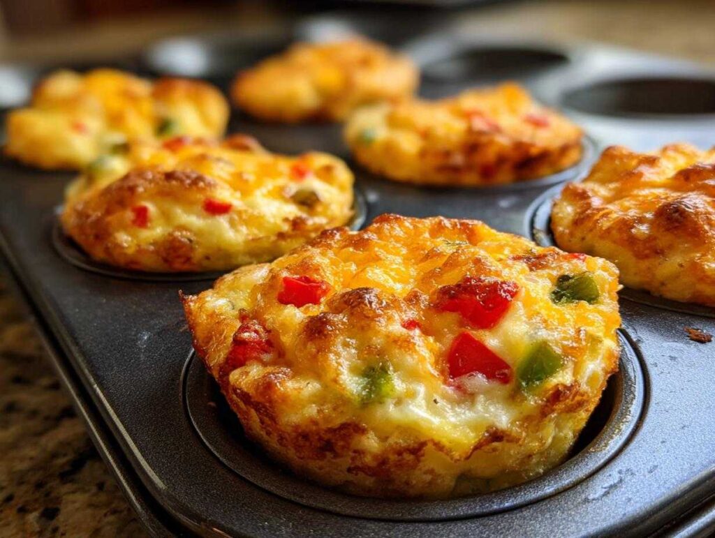Close-up of fluffy muffin tin egg bites with red and green bell peppers and melted cheese.