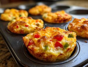 Close-up of fluffy muffin tin egg bites with red and green bell peppers and melted cheese.