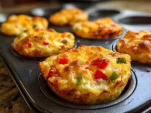 Close-up of fluffy muffin tin egg bites with red and green bell peppers and melted cheese.