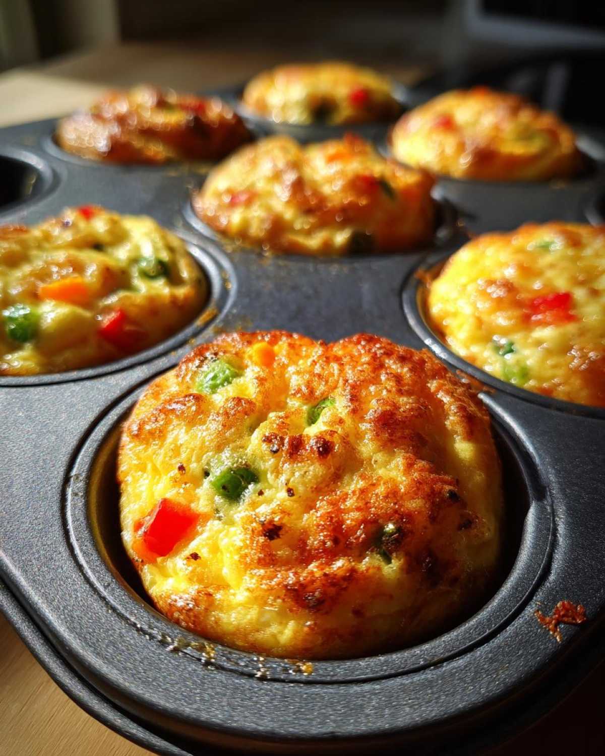 Close-up of fluffy muffin tin egg bites with red and green bell peppers baked in a dark muffin tin.