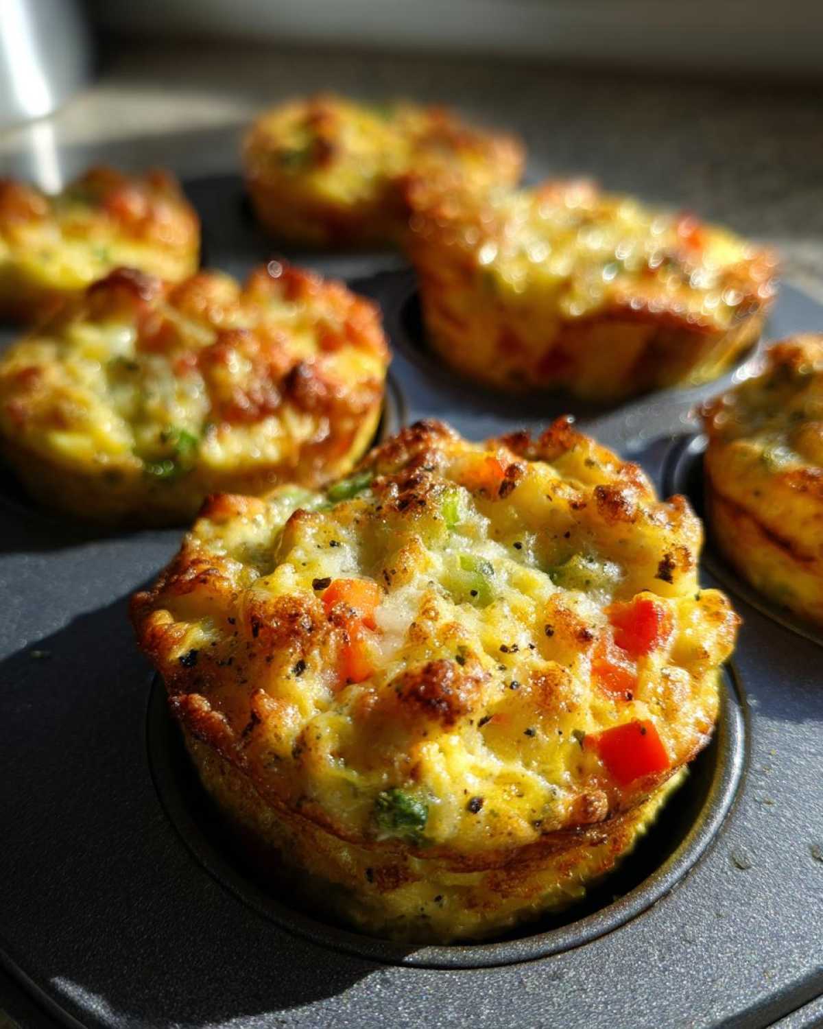 Close-up of fluffy muffin tin egg bites filled with colorful vegetables like red bell peppers and green onions.