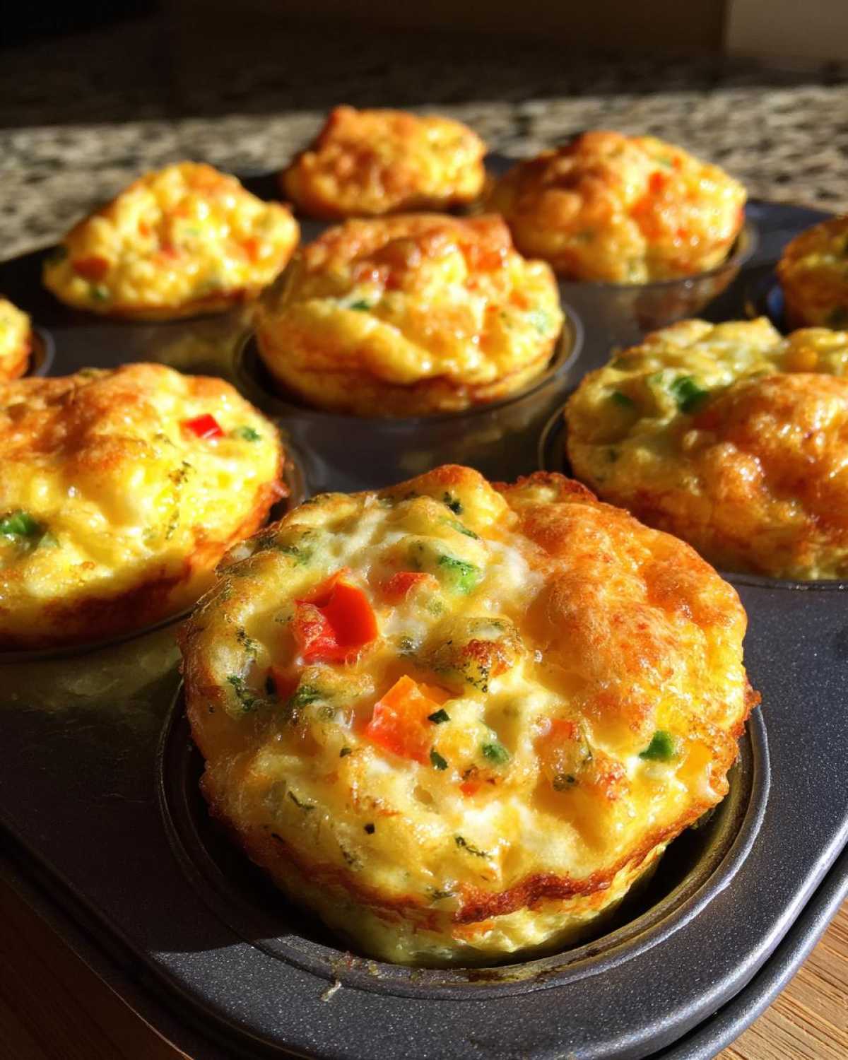 Close-up of fluffy muffin tin egg bites filled with colorful vegetables like bell peppers and broccoli.