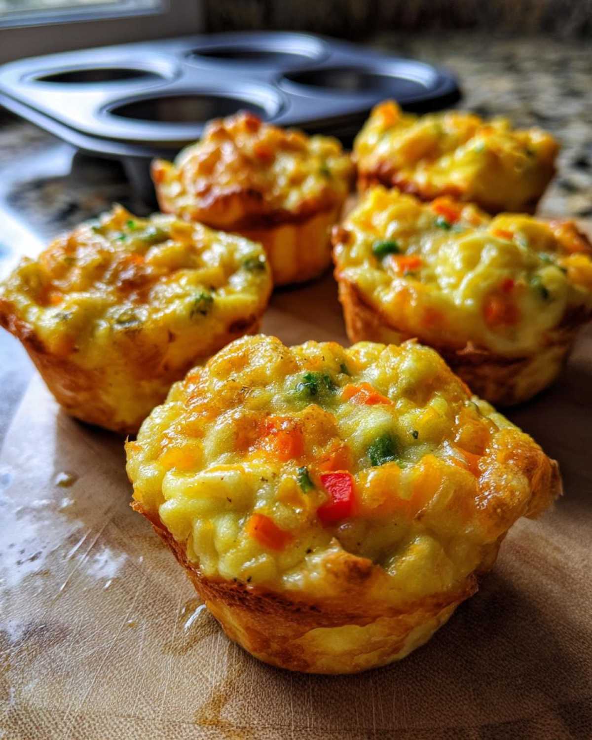 Close-up of fluffy muffin tin egg bites filled with colorful vegetables like carrots, bell peppers, and broccoli.