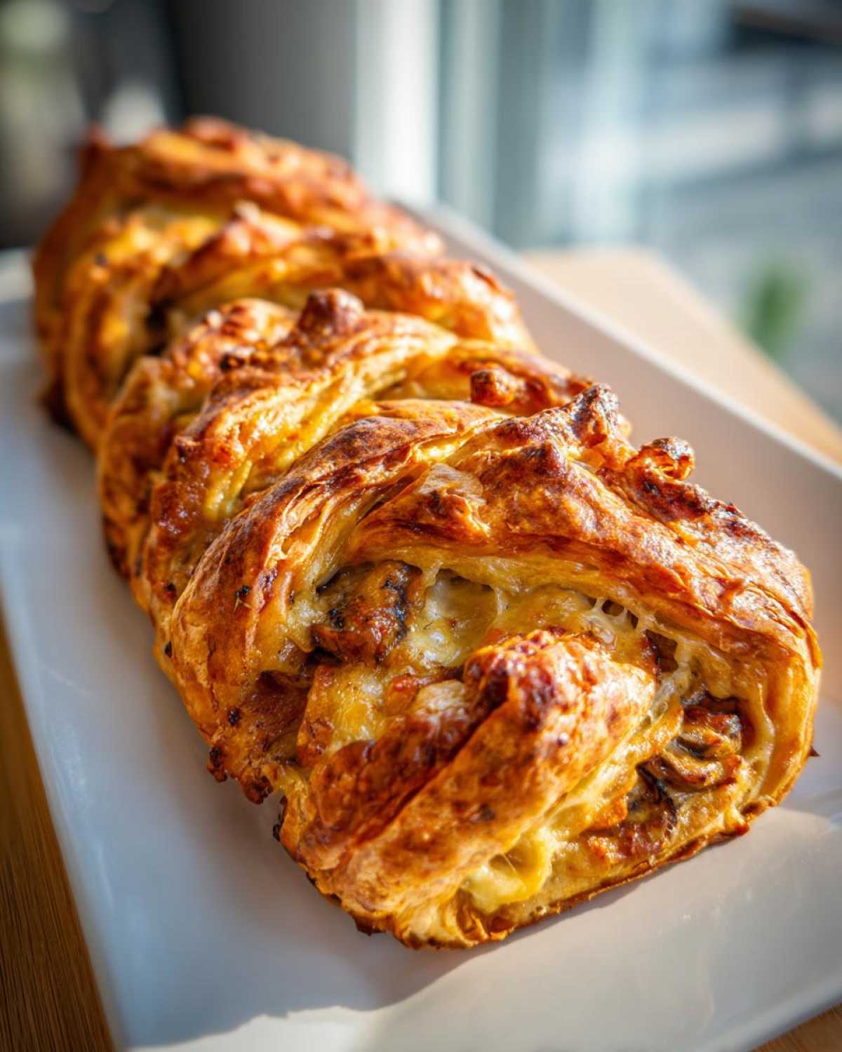 A close-up of a golden-brown mushroom gruyere puff pastry braid on a white plate.