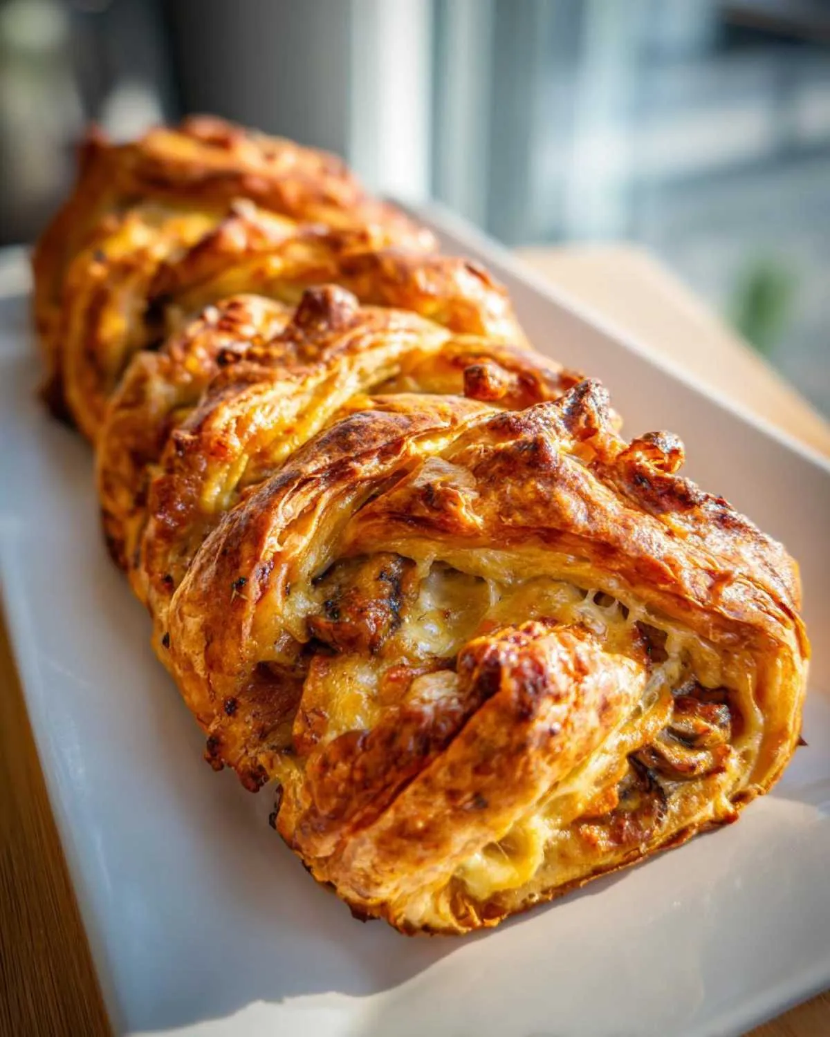 A close-up of a golden-brown mushroom gruyere puff pastry braid on a white plate.