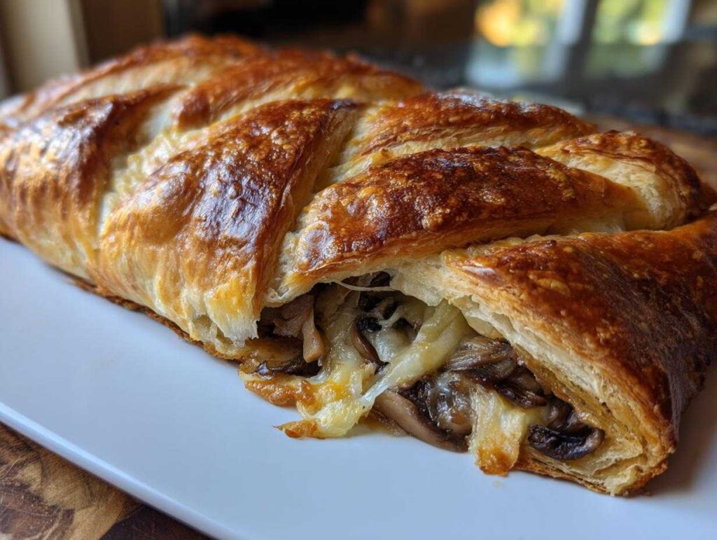 A close-up of a golden brown mushroom gruyere puff pastry braid, with visible mushrooms and melted gruyere cheese peeking out.