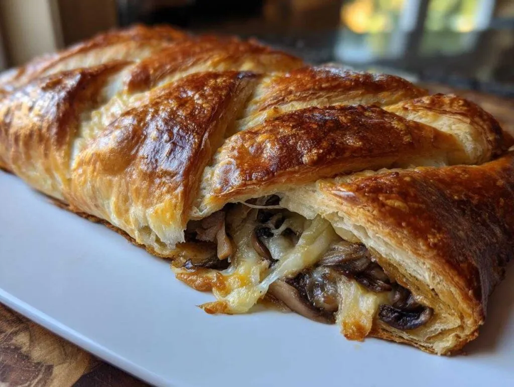 A close-up of a golden brown mushroom gruyere puff pastry braid, with visible mushrooms and melted gruyere cheese peeking out.
