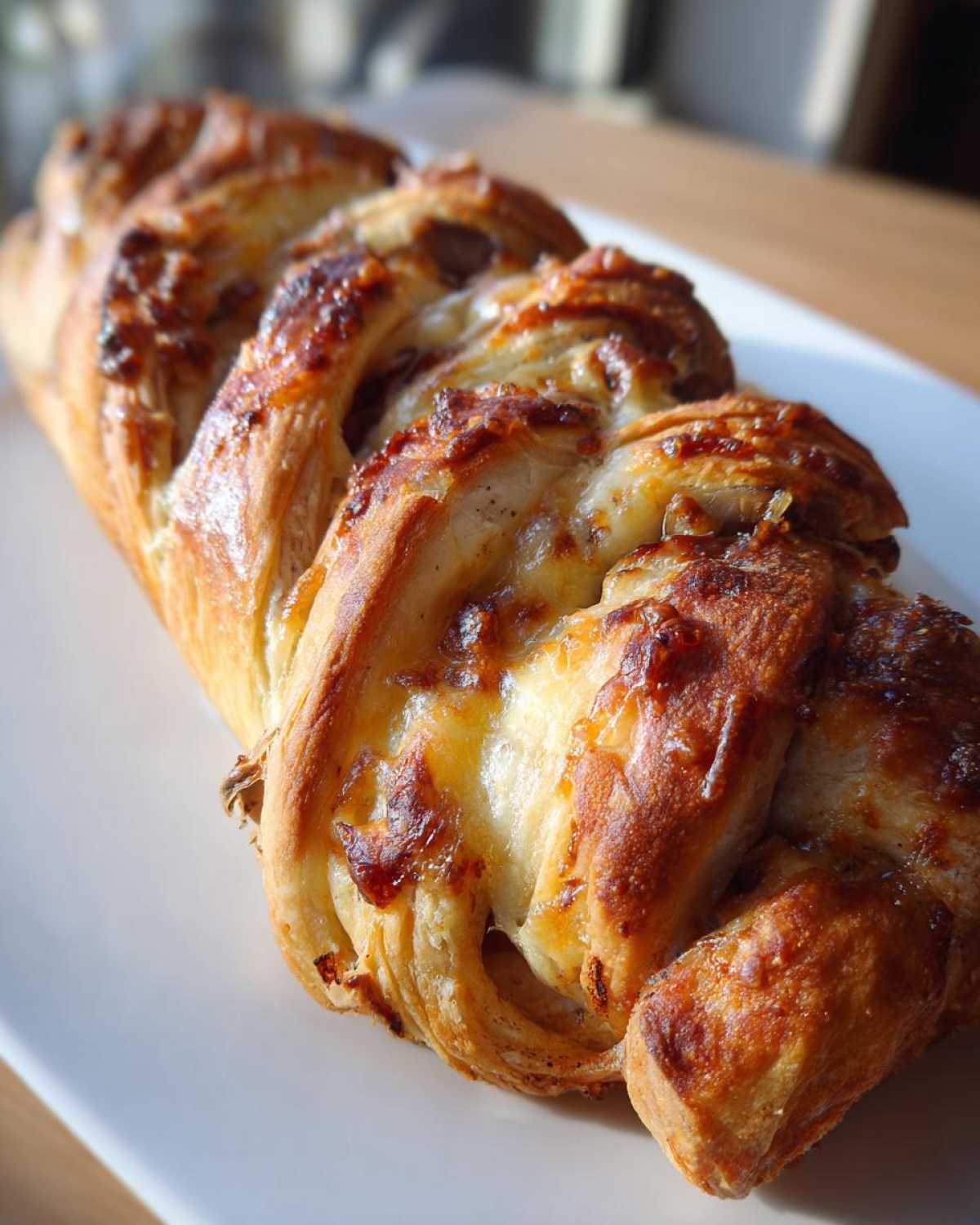 A golden-brown mushroom gruyere puff pastry braid with melted cheese.