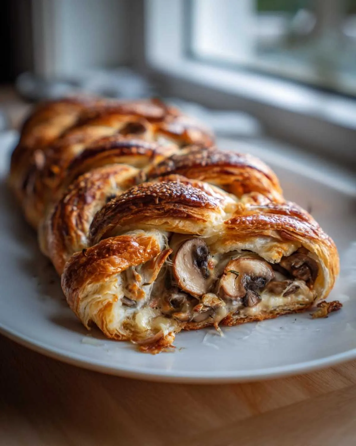 A golden brown Mushroom Gruyere Puff Pastry Braid filled with mushrooms and melted cheese, sliced to show the interior.