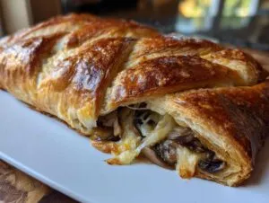 A close-up of a golden brown mushroom gruyere puff pastry braid, with visible mushrooms and melted gruyere cheese peeking out.