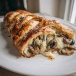 A golden brown mushroom gruyere puff pastry braid, with melted cheese oozing out, garnished with herbs.
