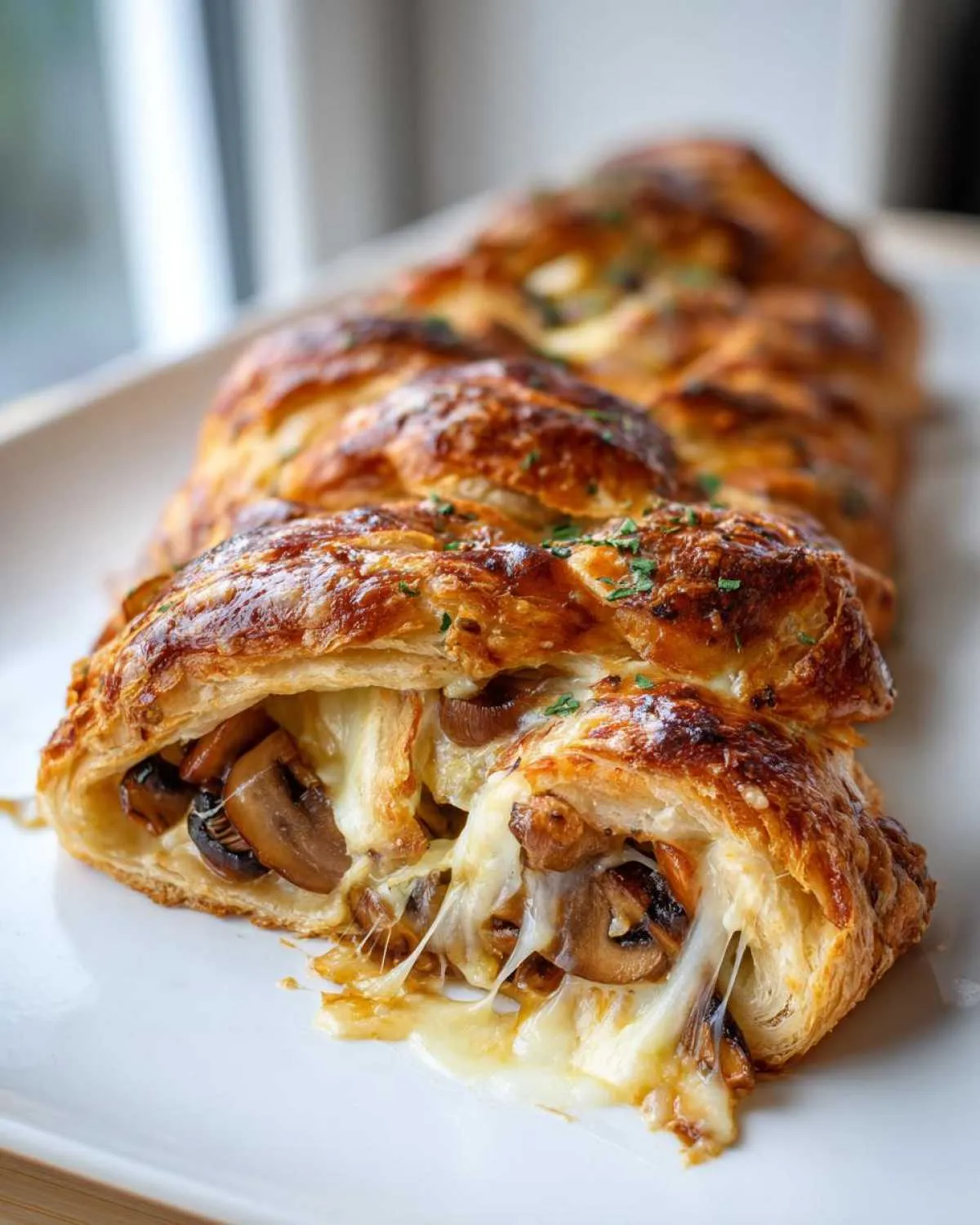 A close-up of a golden-brown mushroom gruyere puff pastry braid, with melted cheese oozing out.